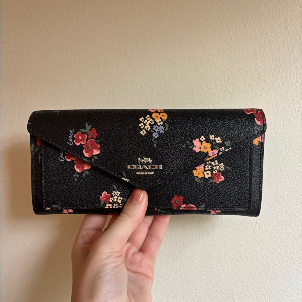Coach Black Floral Envelope Wallet with Gold Logo